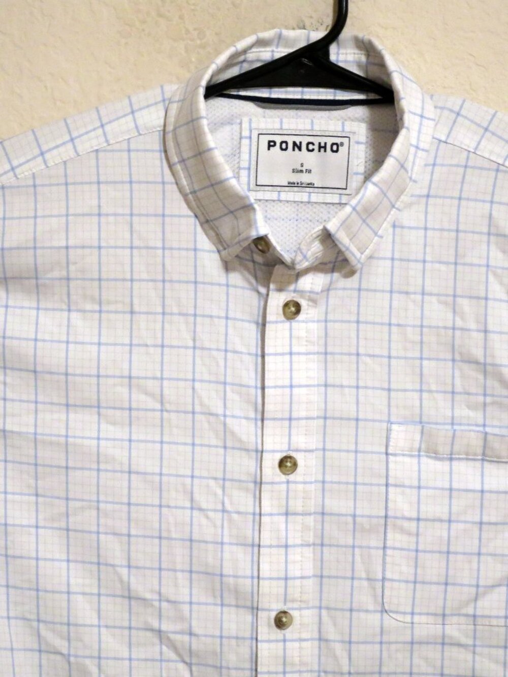 Poncho Shirt Mens Small Long Sleeve Button Slim Fit White Blue Striped